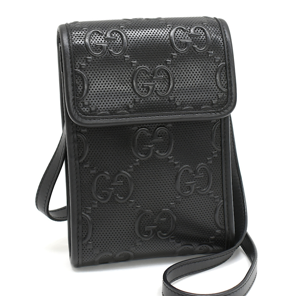 Gucci Crossbody Shoulder Bag Clutch GG Embossed Leather Black